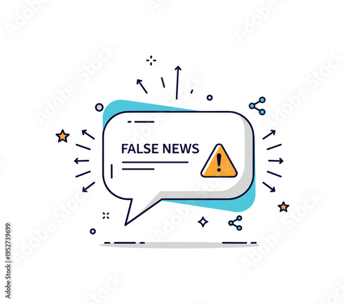 False news concept featuring a speech bubble with distorted text fragments and a small warning triangle. Tiny share arrows radiating outward illustrate rapid