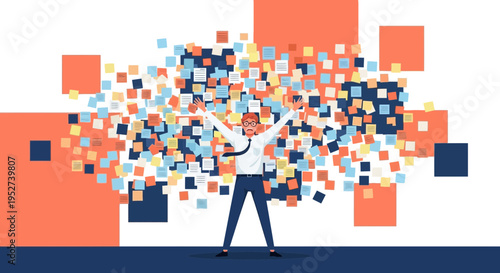 Businessman overwhelmed by information, data overload, and scattered ideas