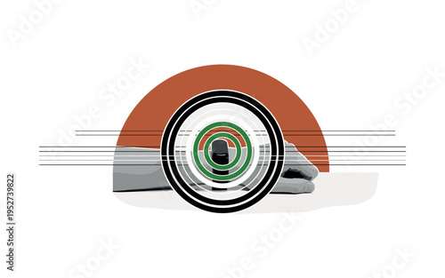 Black and white wrist resting on a table with fitness tracker highlighted by concentric geometric rings, thin horizontal lines structuring calm environment,