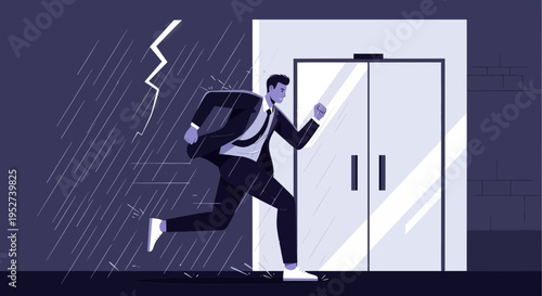 Businessman running from storm to elevator, seeking shelter and opportunity