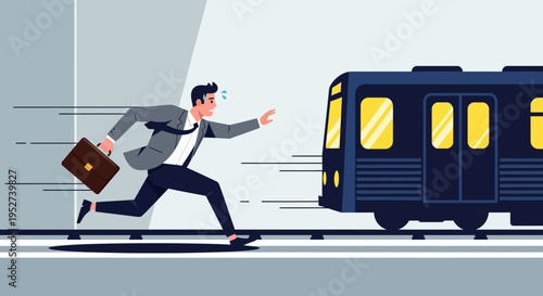 Businessman running late, chasing a departing subway train with briefcase