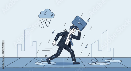 Businessman running in rain with briefcase, struggling against bad weather in city