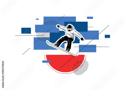 Black and white snowboarder carving down a slope viewed from above, bold blue curved geometric shape mirroring the trail in the snow, orange rectangular blocks