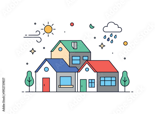 Adaptive housing for climate change represented by a modular home with interchangeable roof and wall elements, accompanied by minimal sun, wind, and rain icons