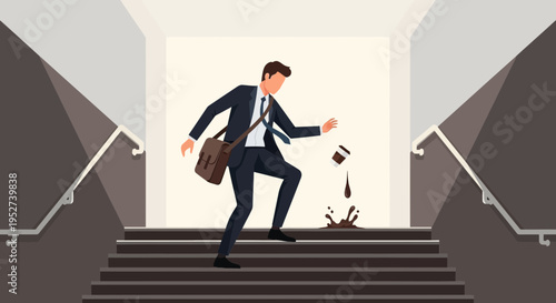 Businessman spills coffee on stairs, morning rush, unfortunate accident, work stress