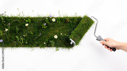Hand painting a strip of green grass with wildflowers onto a white surface using a roller