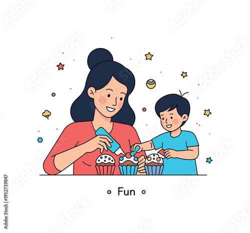 Mother and child decorating cupcakes with colorful toppings representing creativity, celebration, and playful cooperation. Small star sprinkles and a short