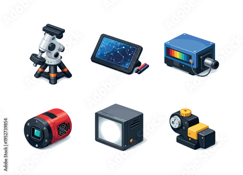Astronomy Tools. Isometric flat vector icons set of astronomy tools: computerized telescope mount, star chart tablet, spectrograph device, CCD camera module,