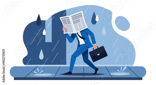 Businessman walking in rain holding newspaper over head, carrying briefcase