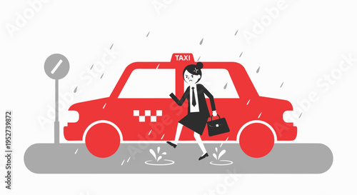Businesswoman hailing a red taxi in the rain, splashing through puddles on city street.