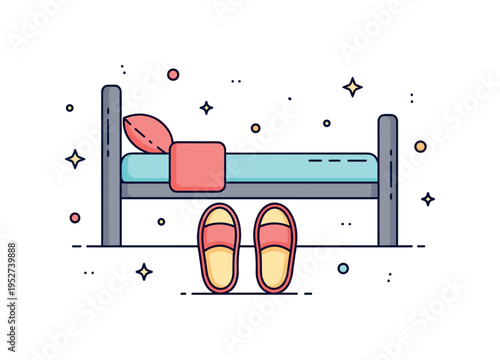 Slippers at bedside everyday domestic life concept with a simple pair of slippers placed symmetrically below a bed frame line. The compact editorial