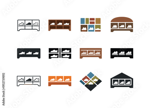 Designing a stylish and functional mudroom space. Icon set. Set Logo of designing a stylish and functional mudroom space: shoe storage cubbies. harmonious logo