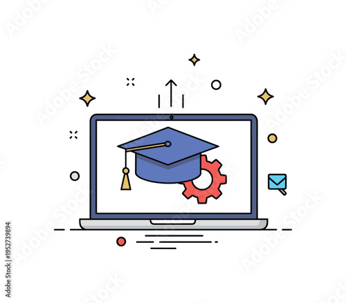 Future skills development concept illustrated by a laptop screen displaying a graduation cap and gear icon, symbolizing digital education and practical