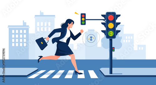 Businesswoman running across crosswalk at traffic light, late for work, city street