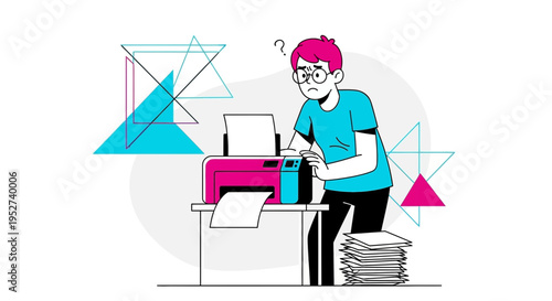 Confused man with printer problem, technology frustration, office work, and paperwork