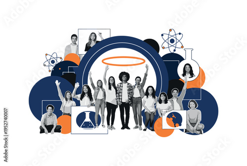 A monochrome composition of students raising hands while surrounded by abstract scientific icons shaped as geometric circles and rectangles, oversized halo