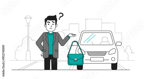 Confused man with handbag standing by car on street, questioning uncertainty