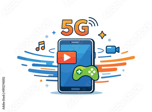 5G network signal highlighting mobile gaming and streaming with a smartphone surrounded by fast moving signal lines, conveying performance, responsiveness, and