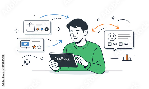 Consumer Behavior Analysis. A marketer reviewing customer journey cards and survey responses on a digital tablet labeled ?Feedback?. Calm concentration while
