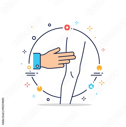 Physical therapy support therapist hand icon guiding a simplified leg silhouette within a thin circular frame. A compact editorial scene about rehabilitation