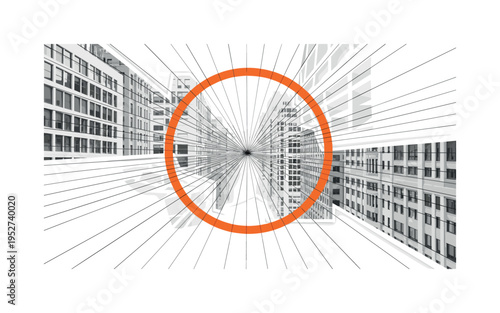 Monochrome panoramic urban street canyon with tall buildings trapping air, intersected by a large orange circular frame and thin black grid lines suggesting
