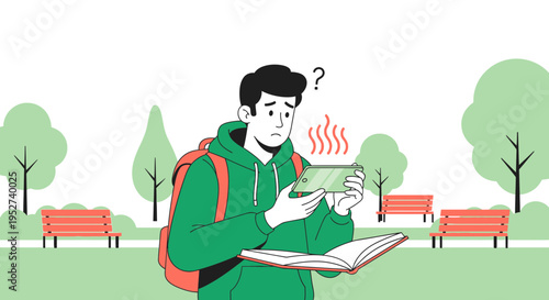 Confused student with overheating phone and open book in park