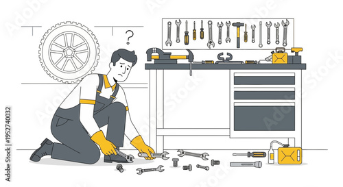 Confused Mechanic Kneeling Amidst Scattered Tools in Workshop