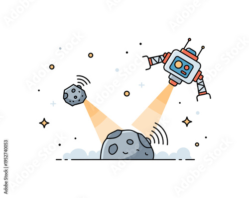 Asteroid exploration probe approaching a small rocky body with scanning beams analyzing its surface. The compact scene symbolizes planetary defense, research,