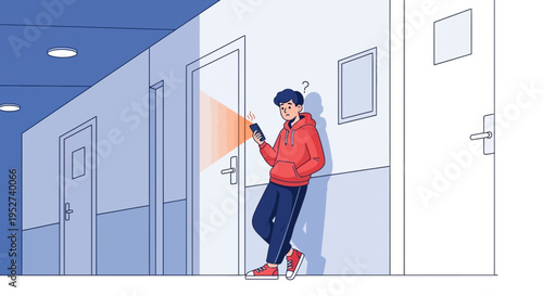 Confused teenager with smartphone in hallway, searching for something, digital illustration