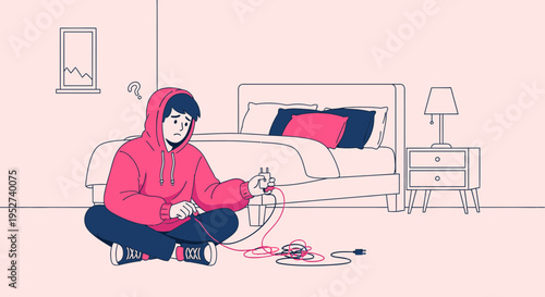 Confused young man with tangled wires in bedroom, technology problem concept