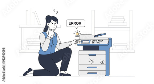 Confused woman with error on printer, office problem, technology malfunction, business frustration