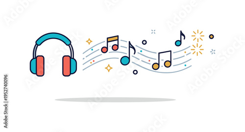 Musical creativity stream illustrated by a small headphone icon with gentle wave lines transforming into musical notes and spark accents. The composition