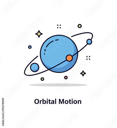 Gravity in action orbiting planet scene featuring a small sphere circling a larger planet with a curved path line, symbolizing gravitational attraction and