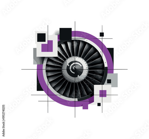 Oversized monochrome turbine engine detail cropped dramatically at the edges, framed by a bold purple circular shape and intersected by thin black grid lines,