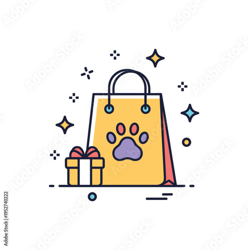 Zoo souvenir and gift shop concept illustrated by a small shopping bag icon with a paw print and subtle star accents, expressing fun mementos and joyful
