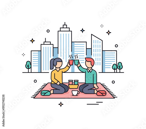 Modern city picnic friendship badge featuring simplified figures raising cups on a blanket with clean high rise silhouettes forming a subtle frame. A bright