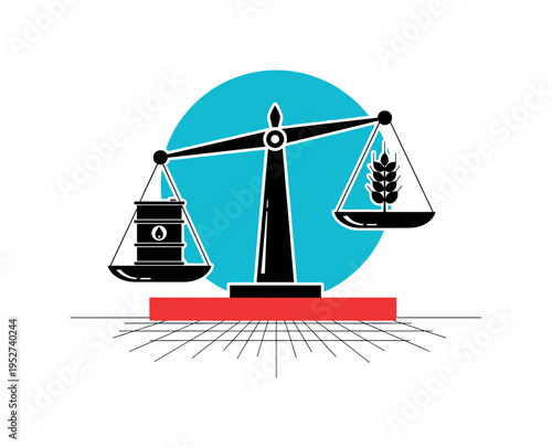 Black and white scales balancing icons of oil barrel and wheat stalk, bold turquoise circular backdrop behind the scale beam, red rectangular base anchoring