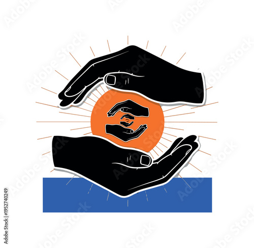 Black and white symbolic image of two hands clasped firmly in support amid abstract debris shapes, bold bright orange circle behind the joined hands, cobalt
