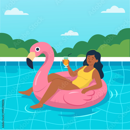 Relaxation in a Swimming Pool with a Woman Floating on a Pink Flamingo Enjoying a Summer Drink