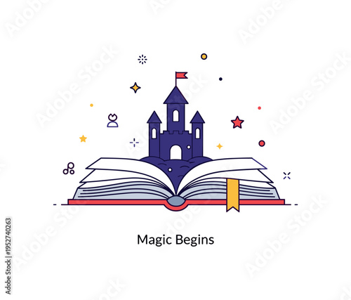 Fairytale storytime theme featuring an oversized open book with a small castle silhouette rising from the pages. Tiny sparkle accents and a compact ?Magic