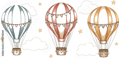 Three hot air balloons flying in the sky with clouds and stars