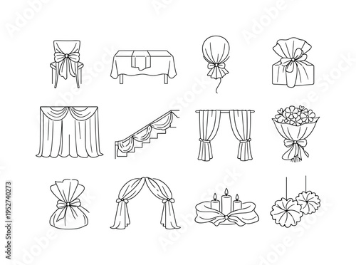 Tulle Decoration Set. Minimalistic set one-line drawing chair tulle bow, table tulle runner, balloon with tulle wrap, gift wrapped in tulle, decorative tulle