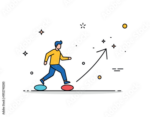 Adaptability and growth mindset shown by a character stepping from a small comfort-zone circle toward an upward arrow with tiny sparkles, expressing