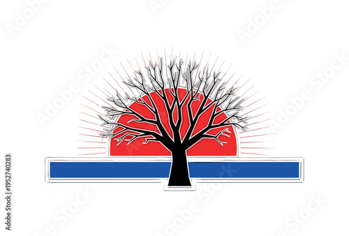 Black and white barren tree with sharp branches, bold red semicircle rising behind like an oppressive sun, cobalt blue rectangular strip at the base as a