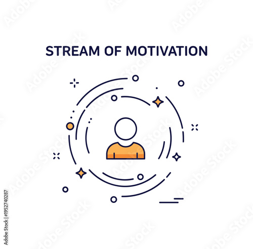 Stream of motivation positive mindset badge showing a central figure surrounded by soft circular motion lines ending in subtle star accents. The compact