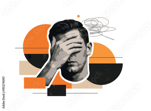 A conceptual modern-retro collage featuring a black and white human face partially hidden by a hand in a classic facepalm pose, vintage photo texture, paper