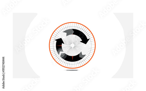 Monochrome circular economy diagram integrated into an orange circular frame with fine linear grid structure suggesting closed-loop systems, bright flash of