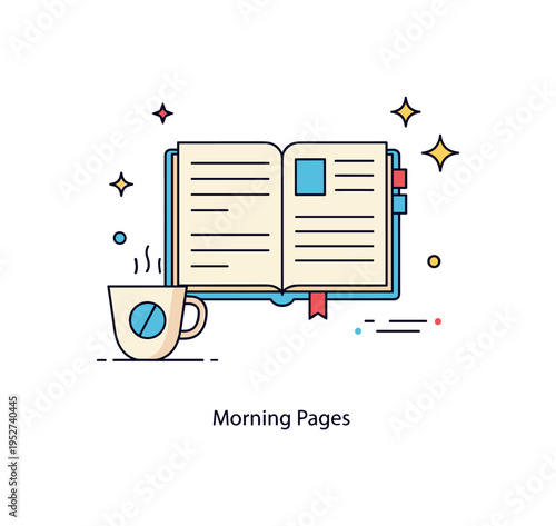 Morning journaling routine illustrated by an open notebook beside a small coffee cup icon. Subtle star accents and a short ?Morning Pages? caption emphasize