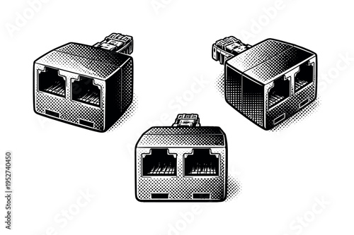 Telephone line splitter adapter. Black and white dot style with halftone texture and high contrast. Halftone texture with partial solid black fills smoothly