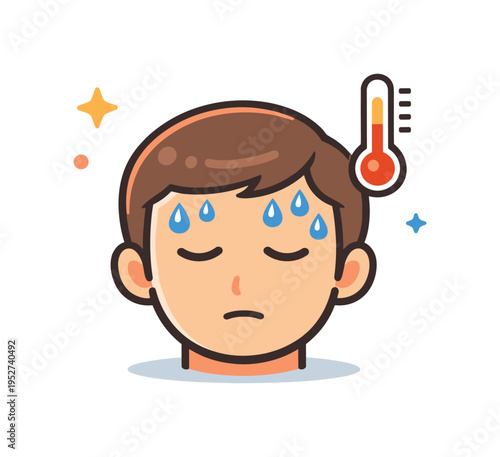 Sweat response a simple scene of a human face with tiny droplets forming on the forehead while a small thermometer icon hints at internal activation,